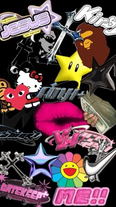 many different stickers are grouped together on a black background, including stars and letters