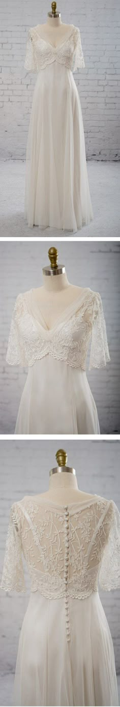 three pictures of the back of a white dress with lace on it and buttons at the waist