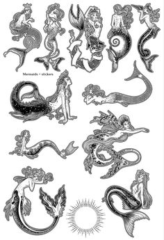 mermaids and other sea creatures are depicted in this black and white drawing