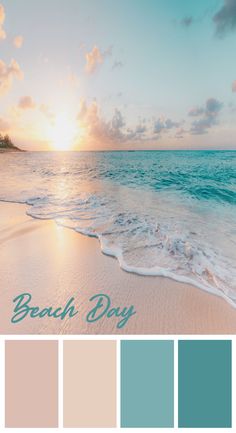 a beach scene with the sun setting over the water