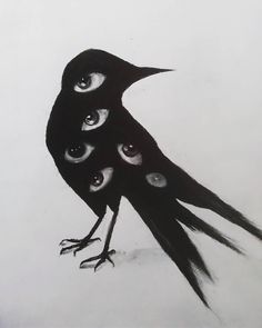 a drawing of a black bird with eyes on it's back