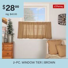 two window tier curtains with the price $ 28 00 reg $ 40 00 or 2 pc window tier brown