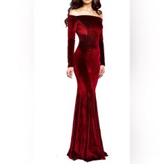 Burgundy Color, Velvet Fabric, Off Shoulder, Long Sleeve, Floor Length Gown, Formal Wedding Dress, Size Small, Fabric Has Stretch, Great Quality, Excellent Condition- Never Worn Red Winter Dresses, Red Velvet Dress Long, Red Velvet Gown, Maroon Velvet Dress, Formal Wedding Dress, Fall Wedding Outfits, Velvet Dress Long, Red Long Sleeve Dress, Red Velvet Dress