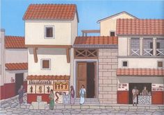 a painting of people standing in front of a building with red tile on the roof