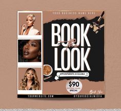 a flyer for a hair salon with three photos and the words book look on it