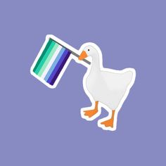 a white duck holding a multicolored sticker in its beak on a blue background