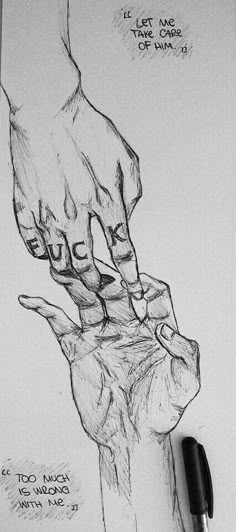 a pencil drawing of two hands holding each other's hand with the word love written on it