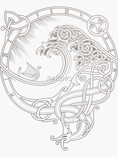 a drawing of a stylized design with swirls and waves in the center, on a white background