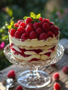 a cake with raspberries on top is sitting on a glass plate next to flowers