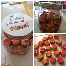 there are many different pictures with words on them in this collage, including jars filled with candies and candy