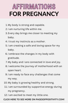 Affirmations for Pregnancy Affirmation For Pregnant Women, Positive Affirmation For Pregnant Woman, First Trimester Positive Affirmations, New Mother Affirmations, Positive Getting Pregnant Affirmations, First Time Mom Affirmations, Fertility Mantra Daily Affirmations, Affirmation For Getting Pregnant, Positive Quotes For Pregnant Women