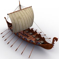 an old wooden boat with white sails and long oars is shown in this image