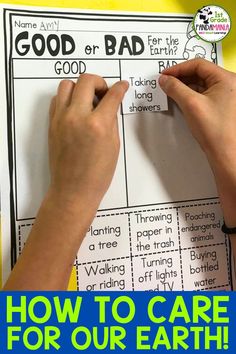 a person writing on paper with the words how to care for our earth in it