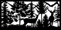 a black and white silhouette of a deer in the woods with trees on either side