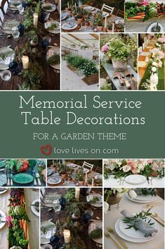 a collage of different tables and chairs with flowers, candles and plates on them