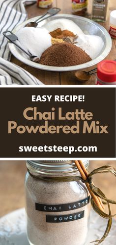 the ingredients for chai latte powdered mix in a mason jar on a table