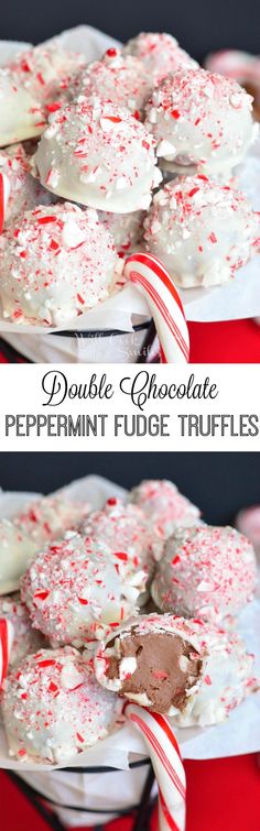 peppermin fudge truffles on a plate with candy canes