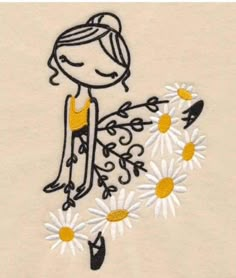 a drawing of a girl with daisies in her hand