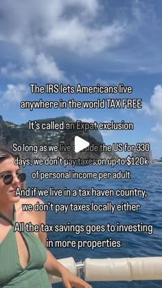 a woman on a boat in the ocean with an ad about her life and taxes