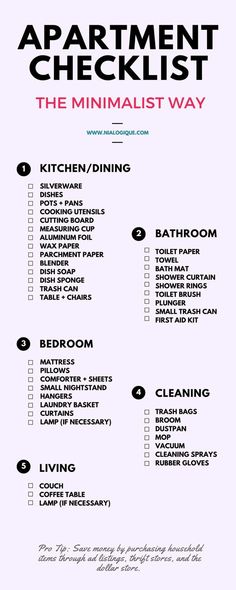 the apartment checklist is shown in black and white, with pink lettering on it