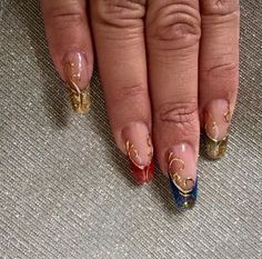 Stylish Nails Almond Nails Designs Artsy, Indian Acrylic Nails, Old Fashioned Nails, Summer Nails Maximalist, French Almond Nails Design Glitter, Liquid Gold Nails, Moss Nail Art, Spanish Style Nails, 90s Whimsigoth Nails