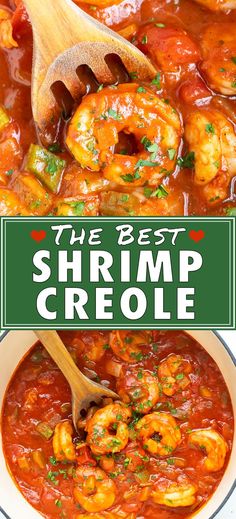 the best shrimp creoe recipe in a white bowl with a wooden spoon