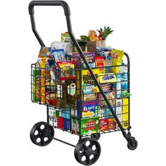 a shopping cart filled with lots of food and snacks on it's wheels is shown