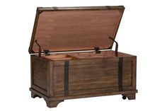 an open trunk sitting on top of a wooden table