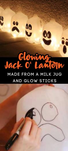 someone is drawing faces on a paper with lights behind them and the words glowing jack o lantern made from a milk jug and glow sticks