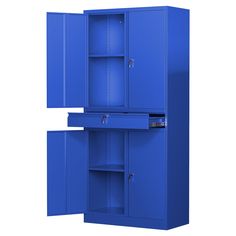 a blue metal storage cabinet with two doors and one door open on the left side