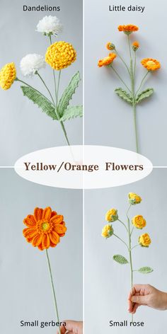 four different types of crocheted flowers with the words yellow / orange flowers on them