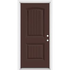 a brown door with two sidelights on the top and bottom panel, against a white background