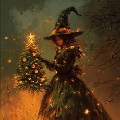 a painting of a witch holding a christmas tree