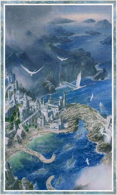 an artistic painting of a city on the ocean with birds flying over it and mountains in the background