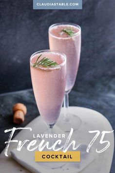 two glasses of lavender french 75 cocktail with rosemary garnish on the rim and text that reads lavender french 75 cocktail