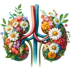 the lungs are filled with colorful flowers and green leaves on each side, as well as an illustration of what they look like