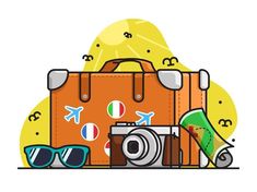 an orange suitcase with sunglasses, camera and other items around it on a white background