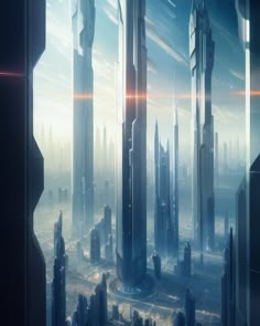 futuristic cityscape with skyscrapers and glowing lights