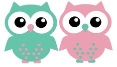 two owls sitting next to each other on top of a white background with pink and green colors