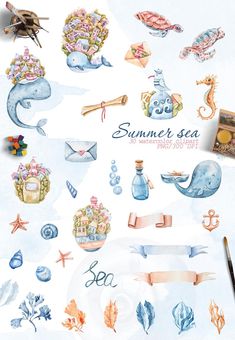 an image of watercolors on paper with the words summer sea written in it