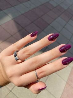 Grape Color Nails Design, Prom Nail Ideas Purple, Plum Crazy Purple Nails, Fall Nails Deep Purple, Aubergine Nails Deep Purple, Dark Nail Inspo Almond, Dark Color Gel Nails, Dark Nails Colors, Pointy Purple Nails