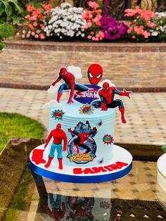 a spiderman themed birthday cake on a table in front of some flowers and plants