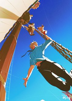 a man flying through the air while riding on top of a tall wooden pole next to other people