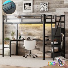 a loft bed with desk and chair in the corner, next to a white rug