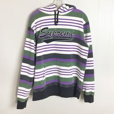 Supreme Purple,White & Green Striped Hoodie Sweater Size M Mens In Good Condition Has A Front Pouch Pocket Thick Material L Striped Hoodie, Green Stripes, Hoodie Sweater, White Green, Color Purple, Pocket Pouch, Sweater Hoodie, Sweater Sizes, Men Sweater