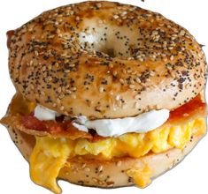 a bagel sandwich with eggs, bacon and cheese