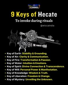 the poster for 9 keys of hecatete to invoke during rituals