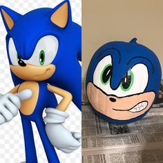 sonic the hedgehog is next to a pumpkin that looks like it has been carved