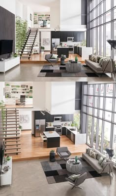 two pictures of the same living room and dining area, one is in black and white