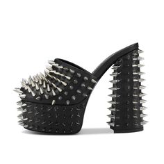 TAAFO Black Rivet Studded Closed Thick High Heel Platform Mules Shoes For Women Spike Heels 96.00 taafo Summer Punk-style Platform Heels, Summer Punk Platform Heels, Punk Style Synthetic Heels For Spring, Punk Style Pointed Toe Summer Heels, Spring Punk Synthetic Heels, Punk Pointed Toe Summer Heels, Summer Punk Pointed Toe Heels, Spring Party Punk Heels, Black Punk High Heels